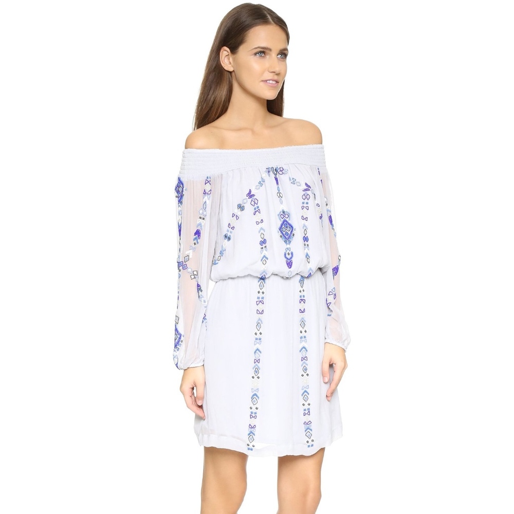 parker • lilac light blue Aztec beaded off shoulder ruched boho mini dress